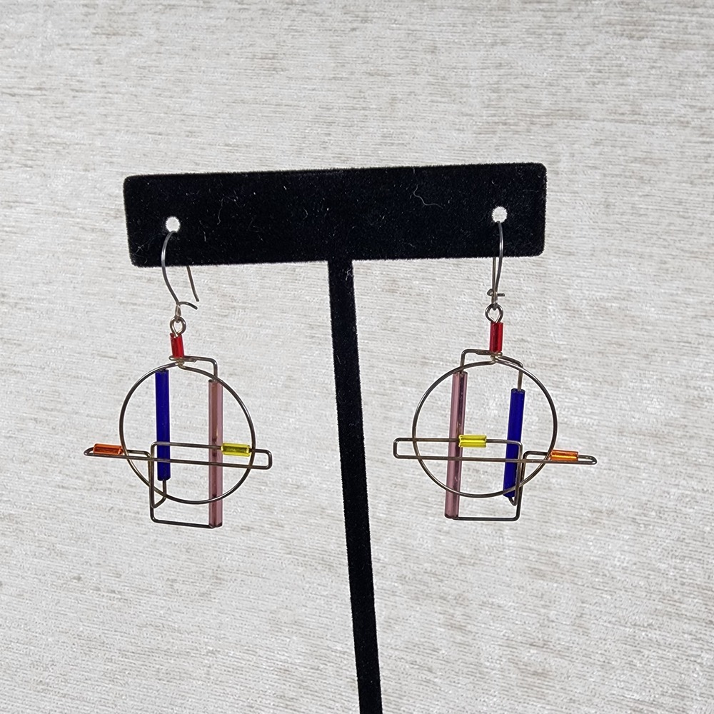 Vintage Barbie Levy Barb Wire Art Earrings Dangling Blue Purple Abstract 1980s